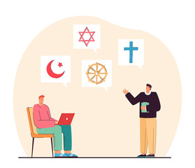 Teacher explaining material about different religious symbols. Student learning information about Islam, Christianity, Buddhism and Judaism at school. Religion, education, study concept.