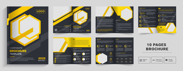Corporate theme 10 pages business company profile brochure design, Minimal & clean geometric design of 10-page blue color template for brochure,A4 10 page Brochure Template