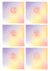Zodiac signs set. Retrograde Mars, Pluto and the Moon. Symbols of planets on a light background