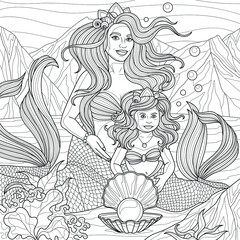 Mermaids mom and daughter underwater.Coloring book antistress for children and adults. Illustration isolated on white background.Zen-tangle style. Hand draw