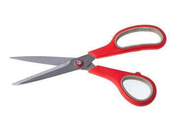 Used red scissors on white background 