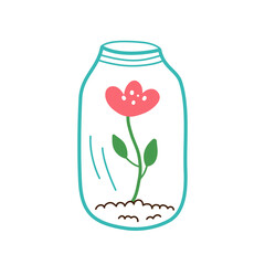 Decorative glass jar with a flower inside. Vector illustration in hand-drawn style. Perfect for decorating a flower shop, a botanical garden or for a book cover