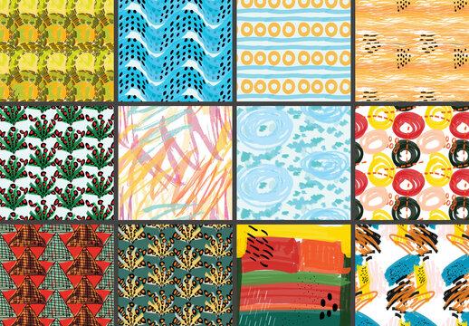 Seamless Pattern Set with Marker Brush Doodle and Strokes 