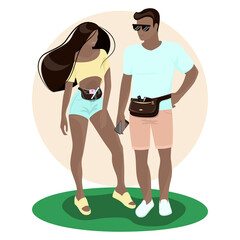 Stylish young couple with belt bags. Fanny pack. Colorful vector illustration in flat style.