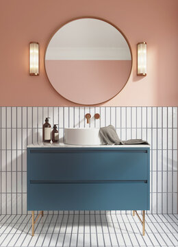 3d render of a modern salmon red bathroom with blue cabinet and crystal wall lamps crystal wall lamps and a round mirror	
