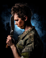 Portrait of a soldier with scars and combat coloring, holding a machete in the urns on a black background witch blue smoke