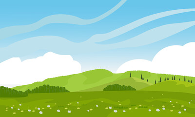 Beautiful rural landscape with field, hills, forest and sky with clouds. Color vector illustration of a flat style for a banner.