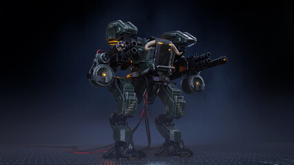 battle robot on a dark background. 3D Rendering