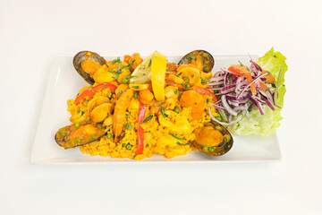 Peruvian seafood rice recipe with prawns, clams and mussels
