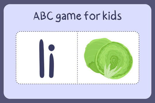Kid alphabet mini games in cartoon style with letter I - iceberg cabbage. Vector illustration for game design - cut and play. Learn abc with fruit and vegetable flash cards.