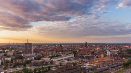 A beautiful panorama of Gdańsk in the morning with a soft light touching the buildings. Poland. - obrazy, fototapety, plakaty