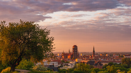 Fototapeta na wymiar A beautiful panorama of Gdańsk in the morning with a soft light touching the buildings. Poland.