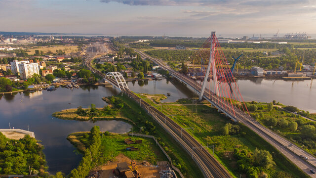 Cable-stayed bridge and railway bridge in Gdańsk, Vistula, port areas and Przer&oacute;bka.