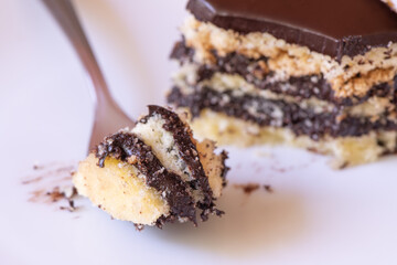 A slice of mouth-watering dark chocolate cake 