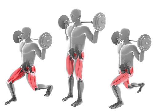 3d Illustration of the Frontal View of Alternate Front Lunges with Barbell on White Background