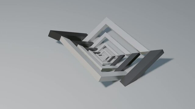 black and white three-dimensional rows of quadrangles rotate on their axis. looped animated background. 3d render