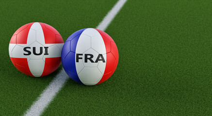 France vs. Switzerland Soccer Match - Leather balls in France and Switzerland national colors on a soccer field. Copy space on the right side - 3D Rendering 