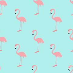 Seamless pattern with flamingos on a blue background.