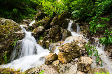 Waterfall in Cherek gorge in the Caucasus mountains in Russia