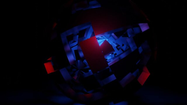 a three-dimensional broken sphere with a multicolored glow inside rotates slowly against a black background. looped animated background. 3d render