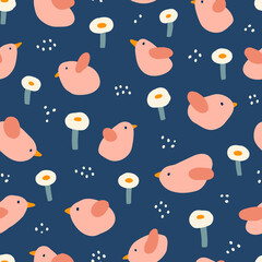 Funny naive birds and flowers. Seamless pattern.