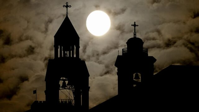 Nativity church By Night with Dark Atmosphere, Fog, Smoke, and Full Moon, Bethlehem