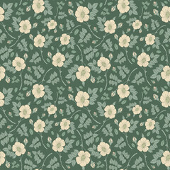Seamless botanical green pattern with rose hips branches and flowers
