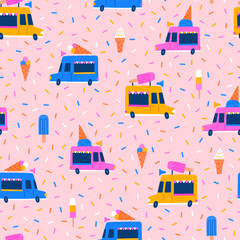 Ice cream trucks, eskimo, cones and sprinking seamless pattern