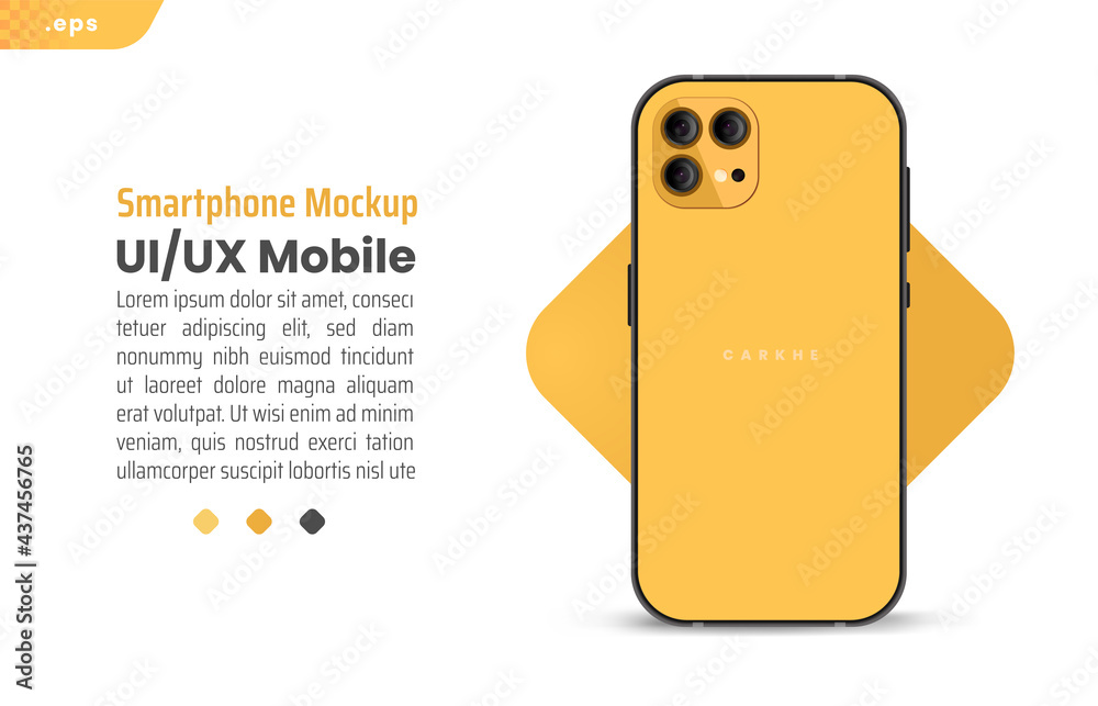 Leinwandbilder Yellow Smartphone frame less blank screen. 3D phone illustration back. Mockup device. Template for infographics or presentation UI UX design interface.
