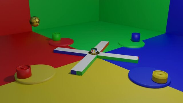 the ball is jumping on the moving cylinders on a multicolored background. looped animated background. 3d render