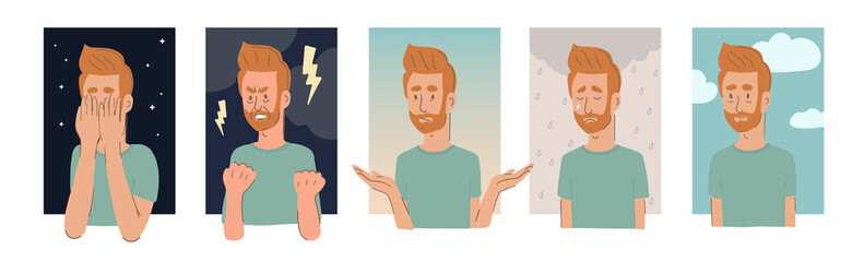 Portraits of male character representing five stages of grief: denial, anger, bargaining, depression and acceptance. Mental health concept. Flat vector illustration