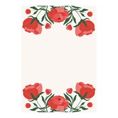 Template for a postcard, congratulations, invitation card with peonies. Postcard with flowers. Red flowers. Vector image.