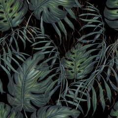 Seamless Pattern of Watercolor Jungle Leaves