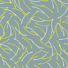 Thin little arcuate sticks. Seamless pattern for fabrics, textiles, decorative pillows, bed linen. The trend colors are yellow and gray. Vector graphics.