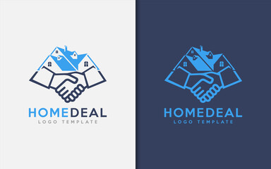 Home Deal Logo Design. Abstract House Combine with The Deal Shaking Hand Symbol Logo Design Illustration.