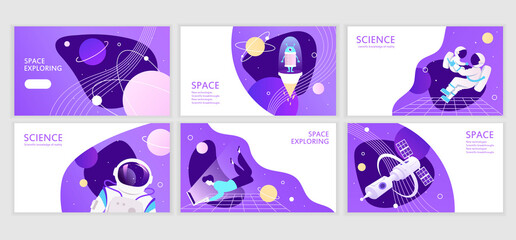 Set of web banners templates. Presentation. Space explore. Corporate presentation design. Future. Purple gradient. Cartoon vector illustration. Science. Horizontal banners. EPS 10