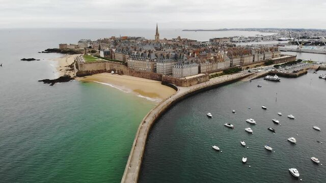 Scenic aerial drone view of Saint-Malo Intra-Muros, Brittany, France