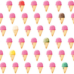 Różnokolorowe lody w wafelku. Powtarzalny wzór. Roztapiający się słodki deser. Lód w rożku, jedna kulka - wzór tła lub tapety.