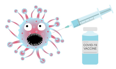 Covid-19 fight, vaccination. Syringe and  vaccine. Vector illustration