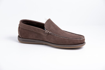 Male brown leather elegant shoe on white background, isolated product, comfortable footwear.