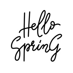 Hello Spring. Hand drawn script lettering design black on white background, may use for holiday greeting card, invitation of seasonal spring holiday, banner, poster, template.