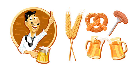 Cheerful man with a glass of beer, beer set from different items. A mug of beer, wheat, sausages, pretzel. Vector illustration on white background.