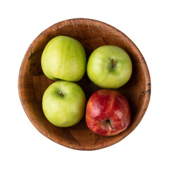 Green and red apples in a bowl isolated over white background