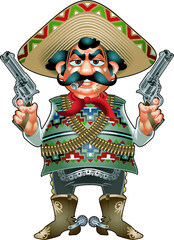 cartoon style Mexican bandit with guns - obrazy, fototapety, plakaty