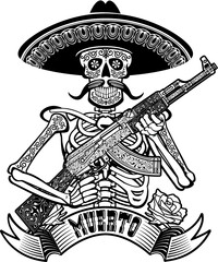 mexican skull holding ak47 assault rifle - obrazy, fototapety, plakaty
