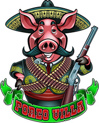 cartoon mexican pig bandit holding gun - obrazy, fototapety, plakaty