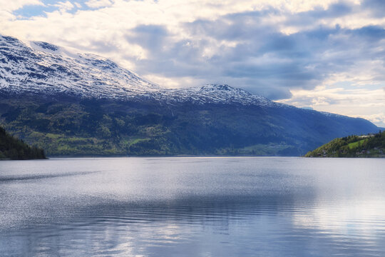 View of the Nordfjord from the village of Loen in Stryn Municipality in Vestland county, Norway.