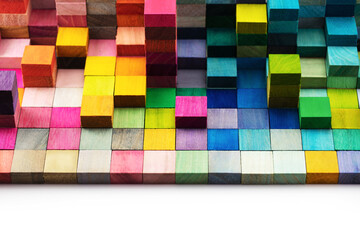 Spectrum of stacked multi-colored wooden blocks with white space in front. Background or cover for something creative, diverse, expanding,  rising or growing. shallow depth of field.
