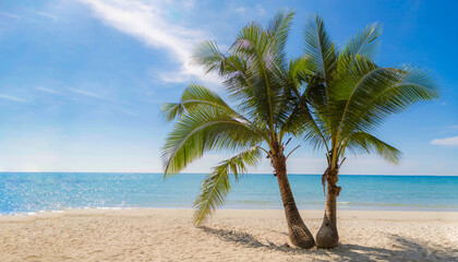 Fototapeta na wymiar Summer vacations concept, White sand beach with two coconut trees, Beautiful tropical beach with palm trees under blue sky and white fluffy cloud, Koh Kood (Kood Island) Trat, Thailand.