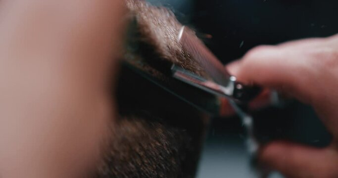 Barbrer skillfully cuts with scissors. Men's haircut close-up.